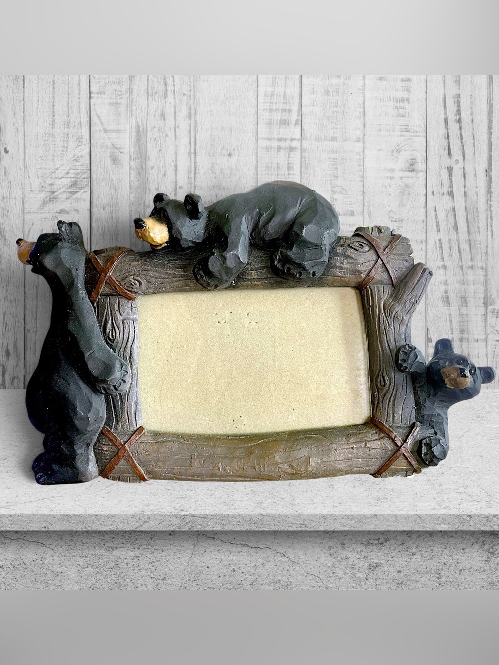 Rustic Goofy Bear Family Playing Resin Picture Frame w/ Carved Wood Look 3D